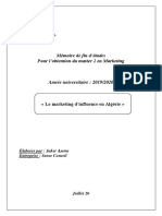 Mémoire de Fin D Études Pour L Obtention Du Master 2 en Marketing. Année Universitaire - 2019 - 2020. Le Marketing D Influence en Algérie