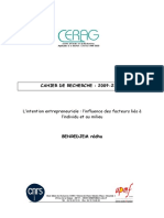 Cahier de Recherche: 2009-21 E4: L'intention Entrepreneuriale: L'influence Des Facteurs Liés À L'individu Et Au Milieu