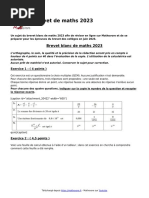 Brevet de Maths 2023 Sujet Pour Reviser Le Brevet en Ligne