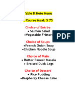 Table D Hote Menu