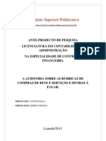 Ante Projecto de Auditoria Sobre As Rubricas de Compras de Bens e Serviços e Dividas A Pagr