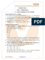 Revision Notes Class 9 Maths Linear Equations in Two Variables.