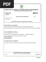 BIOLOGY FORM 3 PAPER 1