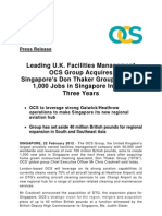 OCS GROUP LIMITED - Leading U.K. Facilities Management OCS Group Acquires Singapore's Don Thaker Group To Add 1,000 Jobs in Singapore in Next Three Years