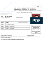 Ugc - National Eligibility Test June, 2012 Attendance Slip For Use at The Test Centre