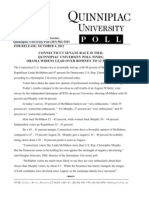 Connecticut Senate Race Is Tied, Quinnipiac University Poll Finds Obama Widens Lead Over Romney To 12 Points