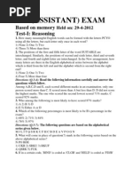 Rbi (Assistant) Exam: Based On Memory Test-I: Reasoning