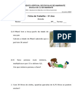 Ficha de Trabalho - Divisão - 5º Ano