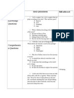 Knowledge Questions: Bloom's Level of Questioning Test Questions Skill Addressed