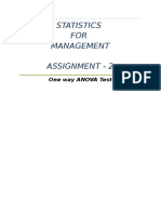 Statistics FOR Management Assignment - 2: One Way ANOVA Test