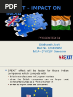 Brexit - Impact On India: Siddharath Joshi Roll No. 120436650 MBA - (FYIC) 9 Semester