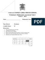 North Sydney Girls High School: Preliminary Mathematics Assessment Task 1 Term 1 2013