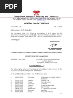 Bangalore Chamber of Industry and Commerce: General Holiday List 2010