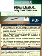 Orientation On Table of Specifications Relative To Constructing Test Questions