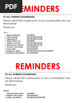 Reminders: To All Parents/Guardians