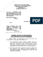 Petitioner,: Formal Entry of Appearance With Motion For Postponement