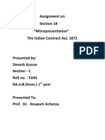 Assignment On Section 18 "Misrepresentation" The Indian Contract Act, 1872