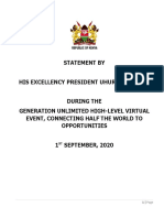 Statement by His Excellency President Uhuru Kenyatta During The Generation Unlimited High-Level Virtual Event, Connecting Half The World To Opportunities. Date: Tuesday 1ST September, 2020.