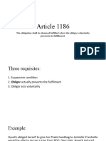 Article 1186: The Obligation Shall Be Deemed Fulfilled When The Obligor Voluntarily Prevents Its Fulfillment