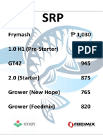 Frymash 1,030 1.0 H1 (Pre-Starter) 940 GT42 945 2.0 (Starter) 875 Grower (New Hope) 765 Grower (Feedmix) 820