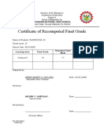 Certificate of Recomputed Final Grade