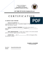 Certification: Office of The Punong Barangay