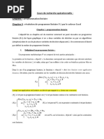 Cours de Recherche Opérationnelle: Chapitre I: Programmation Linéaire Chapitre II: Résolution de Programme Linéaire P.L Par Le Solveur Excel