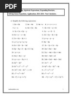 Algebra: Simplifying Algebraic Expressions, Expanding Brackets, Solving Linear Equations, Applications. KS3, KS4. Non-Calculator