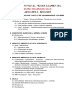 Temario para El Primer Examen Del Asignatura: Biologia: Cepru Ordinario 2022-I