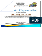 Certificate of Appreciation: Ma. Cherry Mae P. Larin