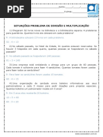 Atividade de Matematica Situacoes Problema de Divisao e Multiplicacao 4 Ano e 5 Ano Respostas