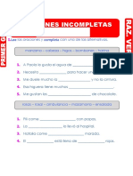Oraciones Incompletas para Niños para Primer Grado de Primaria