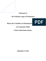 Statement of League of Postmasters To Senate Panel 9/6/11