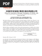 Ping An Insurance (Group) Company of China, LTD.: Announcement of Audited Results For The Year Ended December 31, 2019