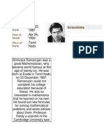 Srinivasa Ramanujan Scientists: Date of Birth Date of Death Place of Birth