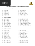 Lista de Equações Do 1º Grau Com Uma Incógnita