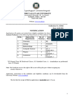 Notification For The Post of Assistant Professor in The University Department