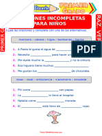 Oraciones Incompletas para Niños para Primer Grado de Primaria