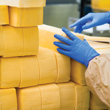 A worker stacks blocks of cheese at a dairy plant. In the dairy industry, TOC analyzers can aid in monitoring effluent organic waste and reducing product loss.