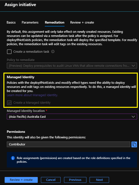 policy assignment managed identity