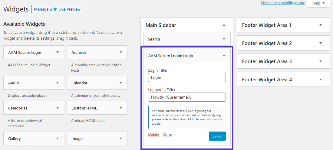 ‘AAM Secure Login’ widget to add a frontend login form