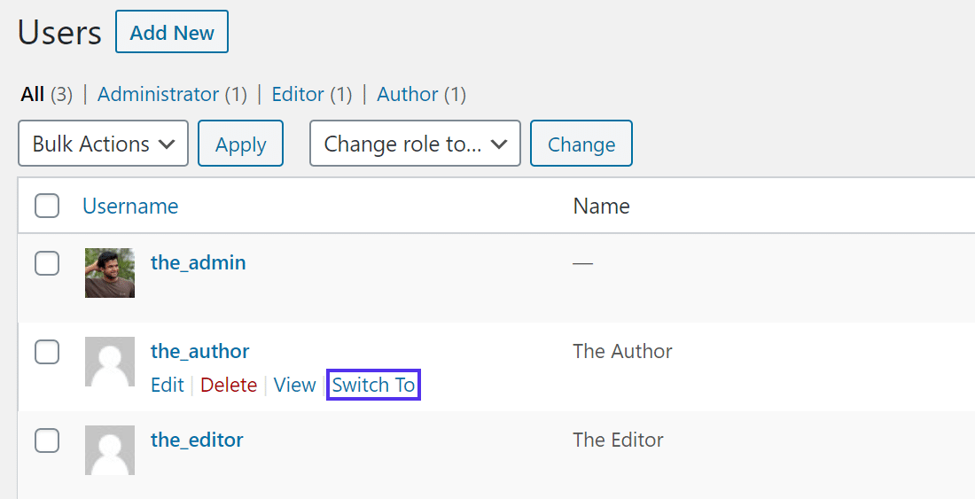 Click the ‘Switch To’ link to switch to the user you want