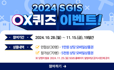 2024년 SGIS OX퀴즈 이벤트! 참여기간 : 2024.10.28(월) 부터 11.15(금)까지, 19일간, 상품내역: 만점상(30명) - 1만원 상당 모바일 상품권, 참가상(70명) - 5천원 상당 모바일 상품권, *당첨자발표 2024.11.25(월) SGIS 홈페이지 알림마당(공지사항)에 공지