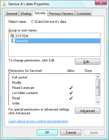 Figure 3 Permissions Granted to Service A