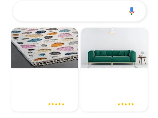 Ilustración de un teléfono en el que se muestra una consulta de artículos de decoración para casa en la Búsqueda de Google que hace que se muestren dos anuncios de shopping pertinentes.