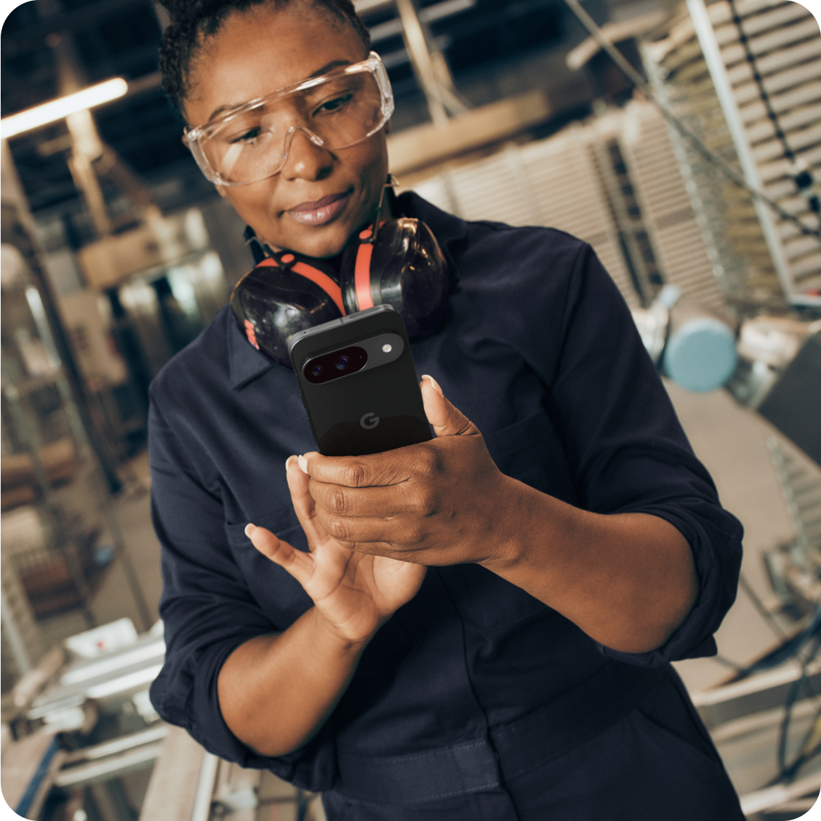 A woman working on her Google Pixel 9 phone.