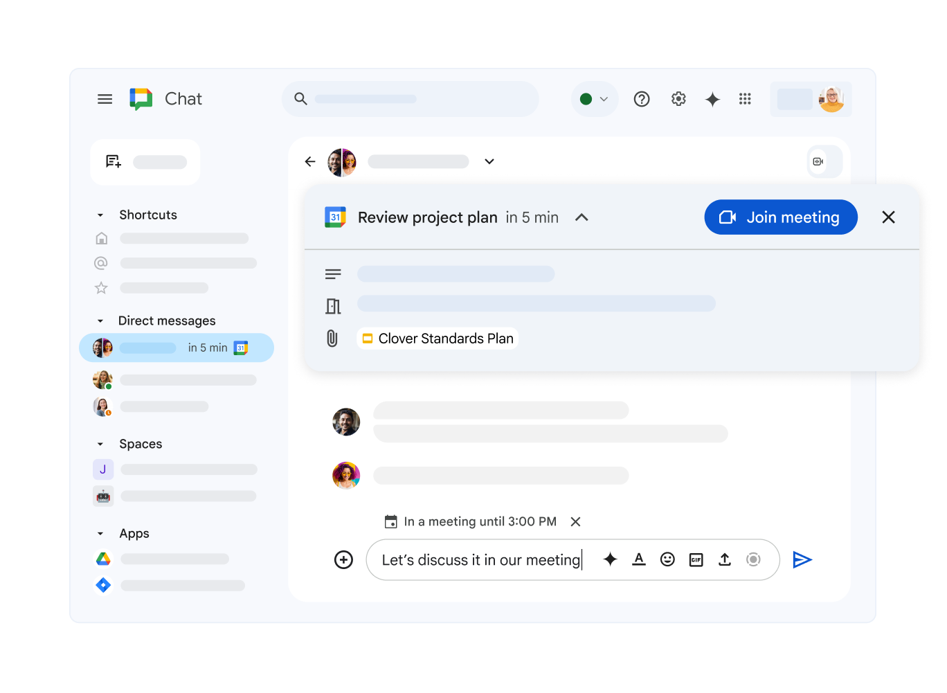 Google Chat viser et kommende møde i Google Kalender og et link til at deltage i det.