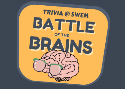 Battle of the Brains flyer with an illustration of a brain wearing horn-rimmed glasses