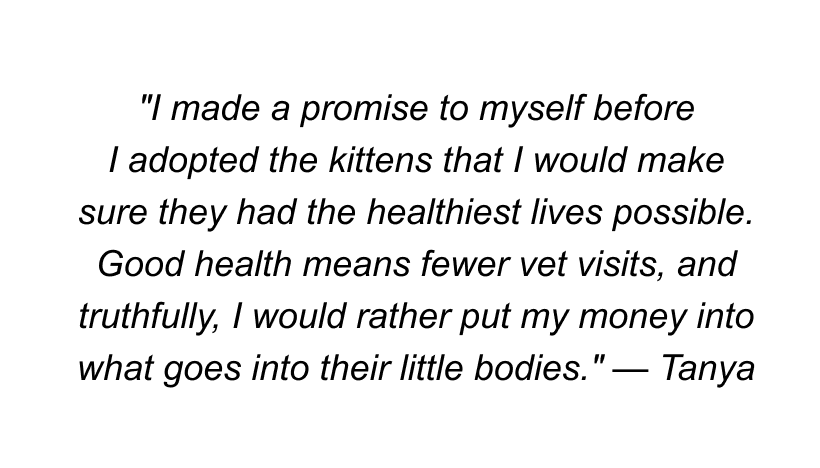 'I made a promise to myself before I adopted the kittens that I would make sure they had the healthiest lives possible. Good health means fewer vet visits, and truthfully, I would rather put my money into what goes into their little bodies.' — Tanya