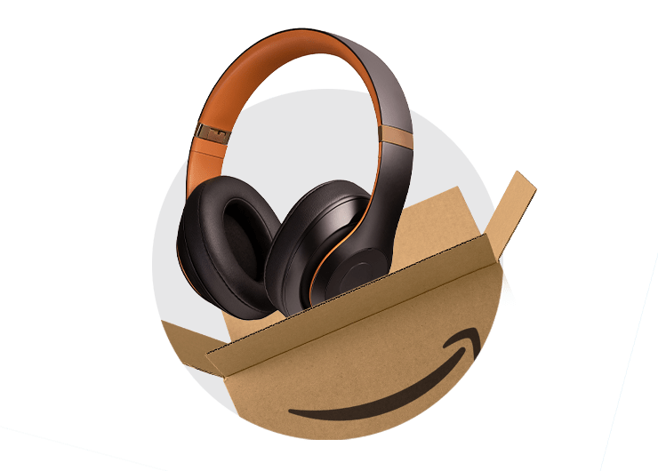 Image of Amazon shipping box with headphones coming out